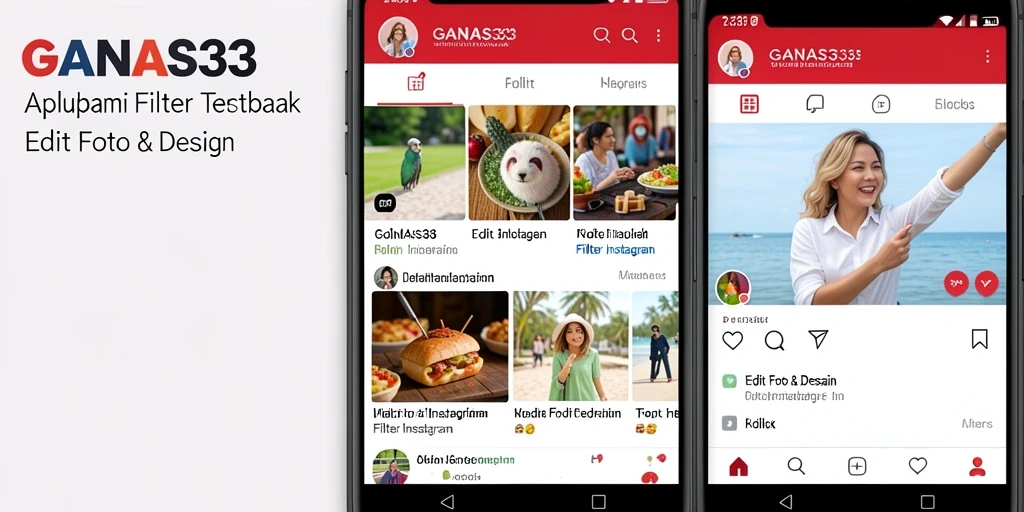 Tampilan antarmuka aplikasi GANAS33 dengan berbagai pilihan filter Instagram.
