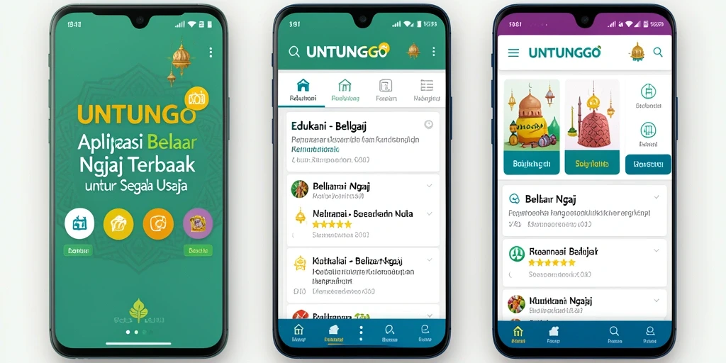 Antarmuka aplikasi UNTUNGGO untuk belajar ngaji dengan mudah.